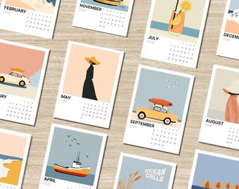 Coastal Retro 2027 Desk Calendar | Minimalist Beach Art with Wooden Stand