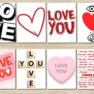 May include: A set of eight cards with 'Love' themed designs. The cards display the words 'LOVE' and 'YOU' in diverse fonts and styles, alongside heart illustrations and the phrase 'I love you'.