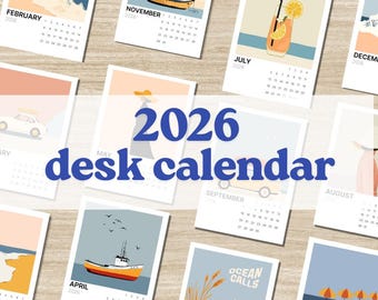2027 Coastal Desk Calendar Printable, Retro Beach & Ocean Art, Instant Download, Digital Desk Calendar with Wooden Stand Option