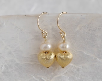 Heart earrings gold with pearl,gold earrings small, golden heart, bridal jewelry,earrings for the bride,wedding,gift,keepsake