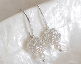 Boucles d'oreilles argent avec perle, boucles d'oreilles boule au crochet, boucles d'oreilles boule argent perle d'eau douce, boucles d'oreilles perles mariage