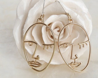 Earrings Face gold, Hanging Earrings Portrait, Abstract Face Earrings, Statement Jewelry, Gift Women Girls, Gold Earrings Face