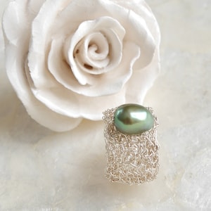 Silver ring with green pearl wide silver ring pearl statement ring silver crochet silver ring crochet wire ring,silver ring,wire jewelry image 1