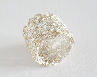 Gold&silver ring crocheted, bicolor ring, wide silver ring, band ring, large ring crochet wire jewelry, crocheted silver wire ring, gift