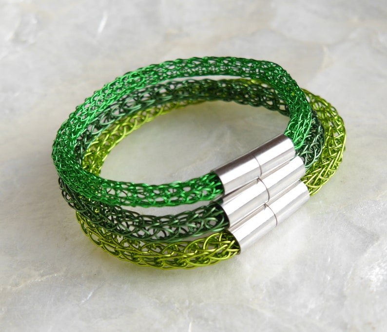 Green bracelet for him and her, men's jewelry, women's jewelry, green, light green, grass green, handmade wire jewelry knitted Viking image 1