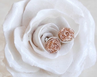 Small rose gold stud earrings 14k gold filled, ball stud earrings, flat ball earrings, minimalist stud earrings, crochet earrings, crochet wire