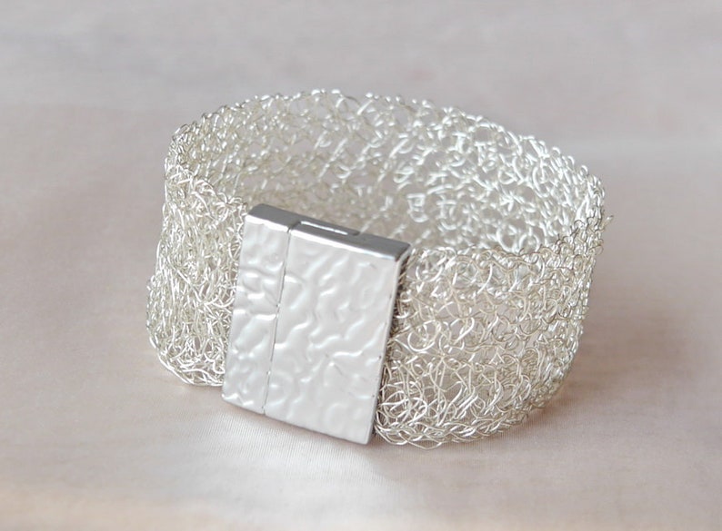 silver bracelet wide crochet, wide bracelet silver crochet, cuff, silver wire crochet bracelet wire, wire jewelry, bridal jewelry image 1