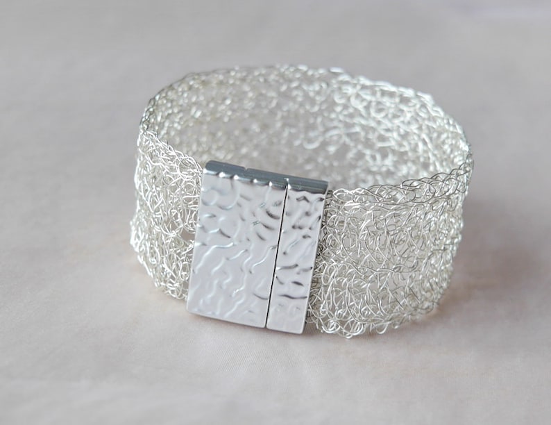 silver bracelet wide crochet, wide bracelet silver crochet, cuff, silver wire crochet bracelet wire, wire jewelry, bridal jewelry image 3