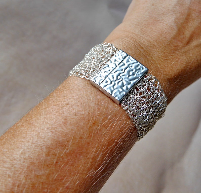 silver bracelet wide crochet, wide bracelet silver crochet, cuff, silver wire crochet bracelet wire, wire jewelry, bridal jewelry image 4