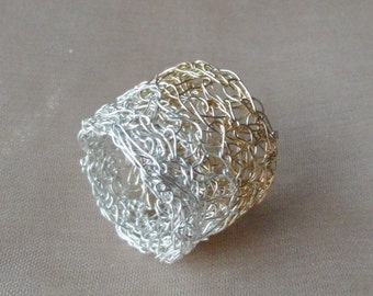 Bicolor Ring silber und gold, Drahtring gestrickt,  breiter Goldring echt vergoldet, breiter Silberring, wire jewelry crochet,