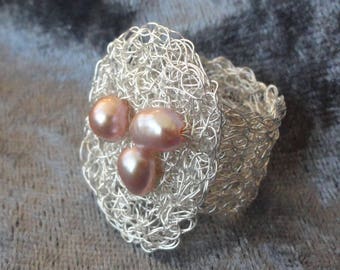Beaded ring silver ring silver wire crochet ring silver ring with pearl ring wire jewellery