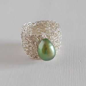 Silver ring with green pearl wide silver ring pearl statement ring silver crochet silver ring crochet wire ring,silver ring,wire jewelry image 2