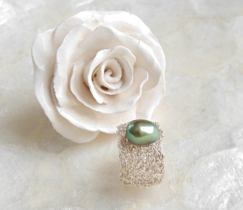 Silver ring with green pearl wide silver ring pearl statement ring silver crochet silver ring crochet wire ring,silver ring,wire jewelry image 1