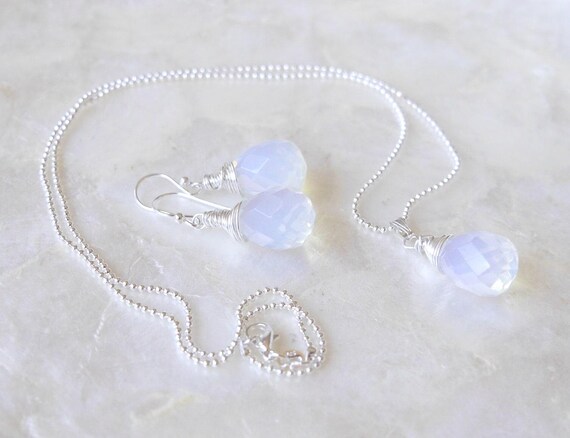 Opalith Schmuckset Ohrringe und Opalith Silberkette, Briolettes, facettiert, Silberohrringe mit Opalith Tropfen, Edelsteinohrringe silber