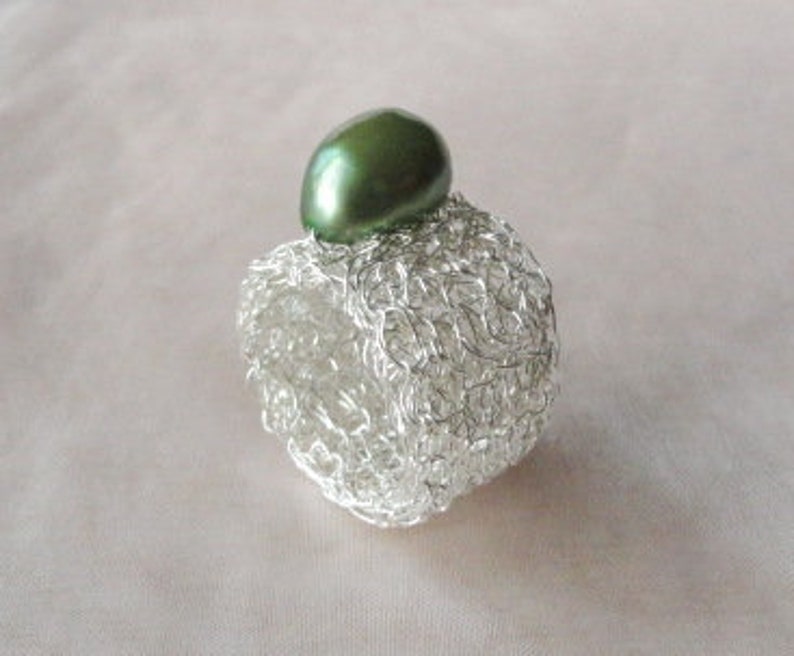 Silver ring with green pearl wide silver ring pearl statement ring silver crochet silver ring crochet wire ring,silver ring,wire jewelry image 4