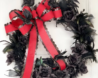 Gothic Home Decor Halloween Wreath for Fall Front Door, Black Crows Decoration, Spooky Halloween Wreath Decoration, Black Rose Horror Decor