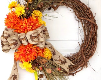 Thanksgiving Wreath for Front Door, Autumn Door Wreath, Fall Wreath Decorations, Stag Head Monogram Wreath, Grapevine Wreath for Outdoors