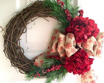 Rustic Christmas Wreath for Front Door - Holiday Farmhouse Wreath - Winter Hydrangea Wreath