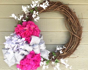 Summer Hydrangea Wreaths for Front Door. Spring Wreath Housewarming Gift. Shabby Chic Farmhouse Decor Mother's Day Gift.