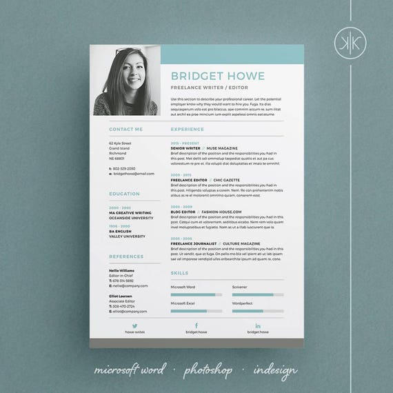 Bridget Resume Cv Template Word Photoshop Indesign Etsy