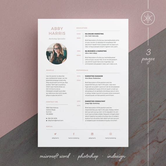 Abby Resume Cv Template Word Photoshop Indesign Etsy