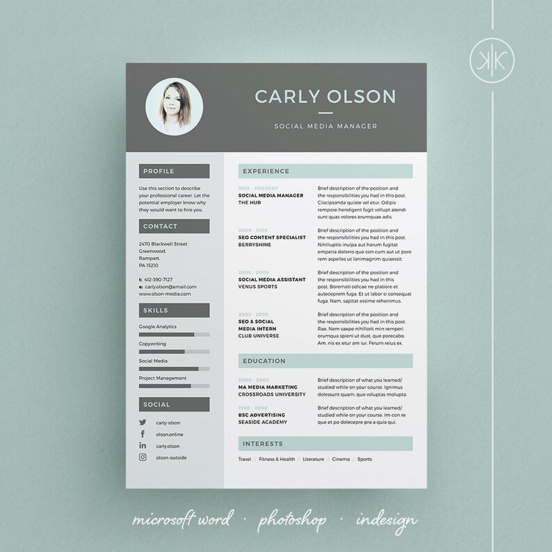Carly Resumecv Template Word Photoshop Indesign Etsy