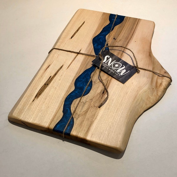Charcuterie board maple live edge with blue epoxy detail