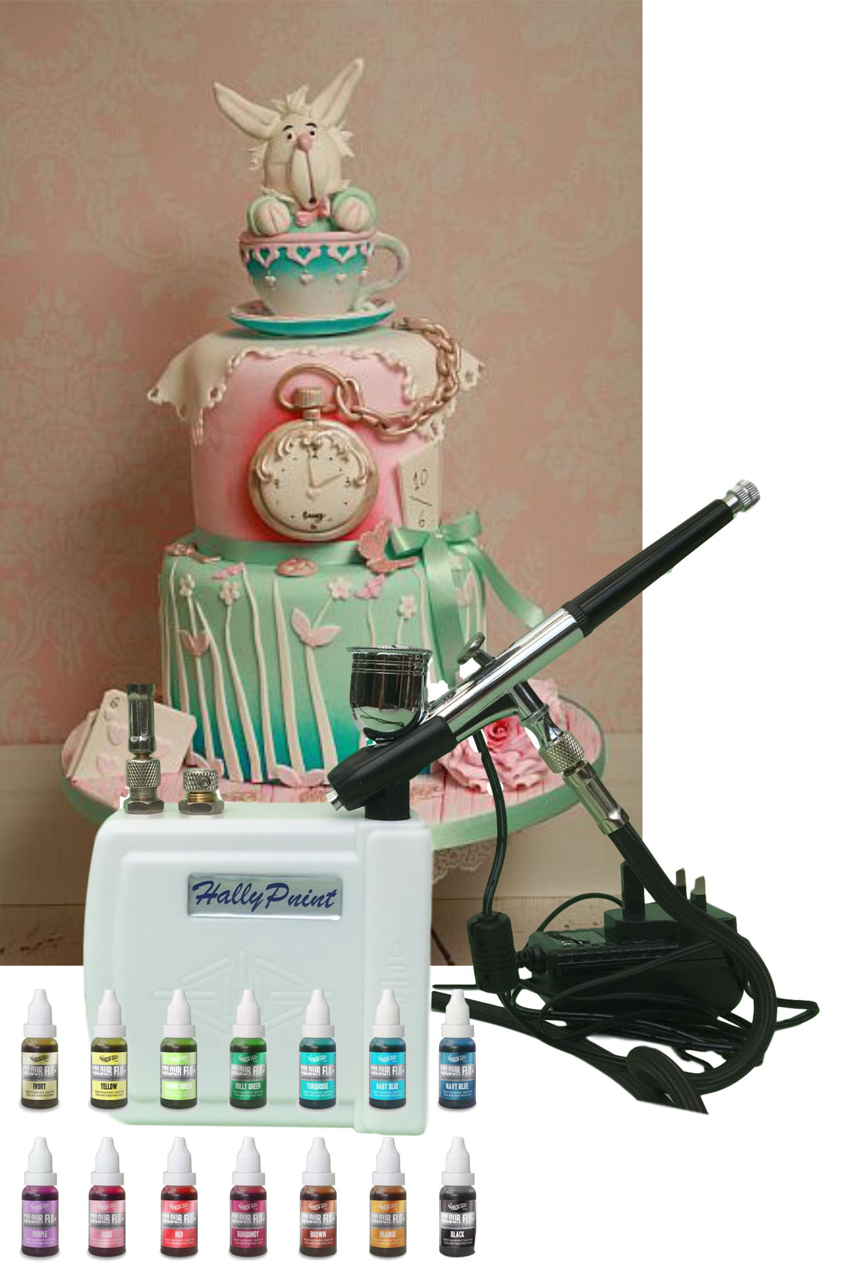 Airbrush and Mini Compressor Cake Decorating Kit Including 14 