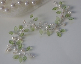 Green Leaf and Ivory Pearl Hair Vine/Accessory Various Lengths  Wedding Prom Party