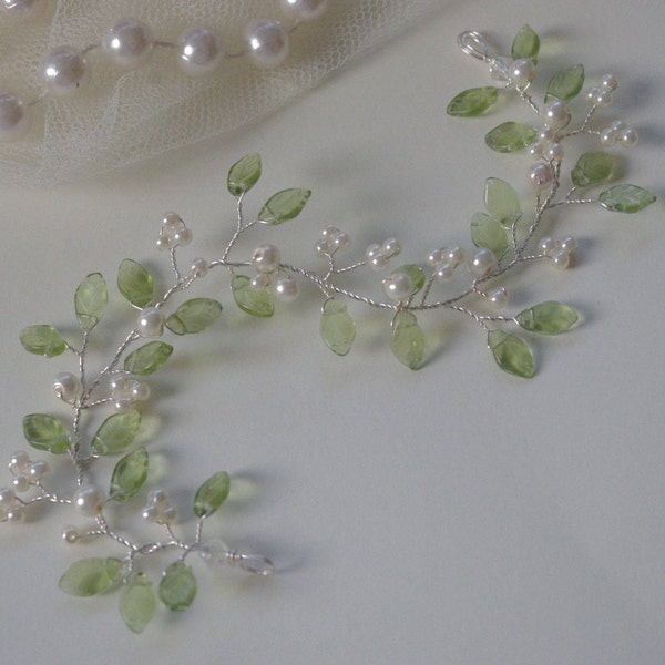 Green Leaf and Ivory Pearl Hair Vine/Accessory Various Lengths  Wedding Prom Party