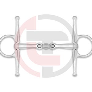 May include: A polished silver horse bit with a central joint and rounded rings. The bit has vertical bars on either side of the mouthpiece. This equestrian equipment is designed for use with a bridle and reins.