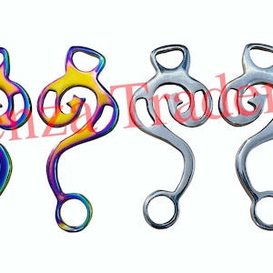 May include: Four horse bits. Two are iridescent with a rainbow finish, and two are silver. Each bit has a unique, curved design with a ring at the bottom and a loop at the top. The text "Leniza Traders" is partially visible.