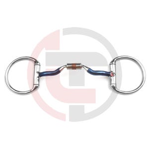 May include: A stainless steel horse bit featuring two large circular rings connected to a curved, blue-tinted mouthpiece. The center of the mouthpiece includes a small, cylindrical copper-colored roller. A small circular logo with a T is visible.