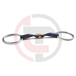 May include: A horse bit featuring two silver-colored metal rings connected to a dark blue, slightly curved mouthpiece. The center of the mouthpiece includes a small, smooth, gold-toned oval link with a tiny red circular accent in the middle.