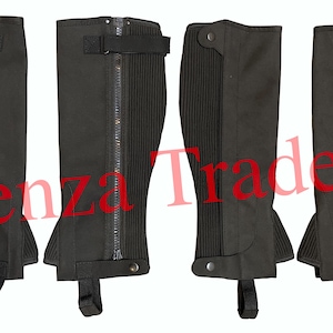 May include: Four pairs of black riding gaiters with a zipper up the front and a strap with a buckle at the top.  The gaiters have a textured fabric and a black elastic band at the bottom.