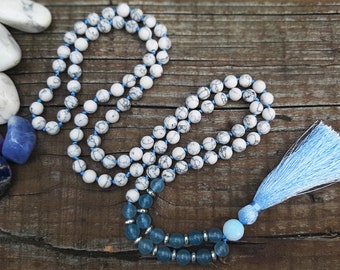 Serenity 108 Beads Howlite & Blue Agate Mala Necklace for Stress Relief, Calm Silk Tassel Mala