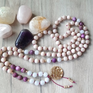 Charoite & Moonstone 108 Beads Mala for Love and Serenity, Gift for Her