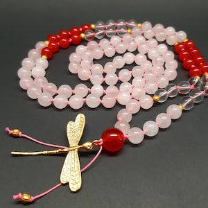 Love Mala Necklace with Golden Dragonfly and Healing Crystals - Rose Quartz, Carnelian, Clear Quartz, Gift for Her