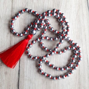 Silver Hematite 108 Beads Mala for Protection, Personal Power and Grounding, Energy Boost Mala Necklace, Meditation Gift