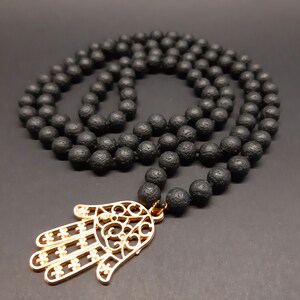 Black Lava & Hamsa Pendant Necklace for Protection, 108 Beads Mala, Yoga Gift