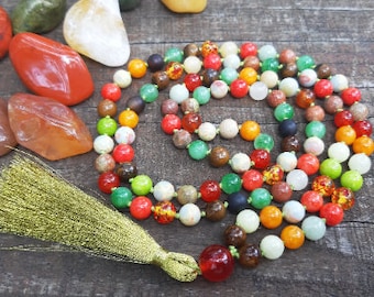 I am JOYFUL Multi Gemstone 108 Beads Mala, One of a Kind  Mala Necklace, Hand Knotted, Golden Tassel, Meditation Gift