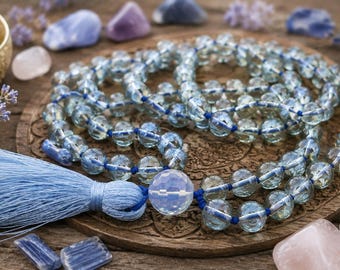 Angel Aura Quartz Mala Necklace for Balance & Harmony, Anxiety Relief, Long Healing Necklace
