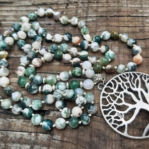108 Beads Moss Agate Mala Necklace for Positive Changes, Tree Of Life Pendant, Energy Jewelry