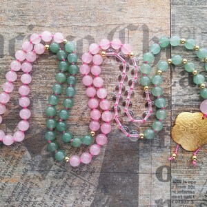 Love Energy 108 Mala Necklace - Aventurine, Rose Quartz, Gold Pendant - Romantic Gift for Her