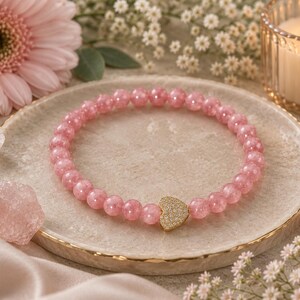 Natural Brazilian Rhodonite Bracelet with CZ Heart, Love & Healing Jewelry image 19