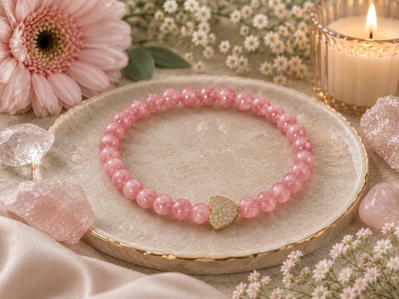 Natural Brazilian Rhodonite Bracelet with CZ Heart, Love & Healing Jewelry image 19