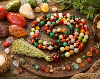 Hand Knotted Gemstone Mala Necklace, Carnelian Tassel, 108 Beads