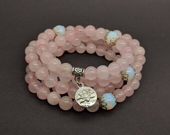 UNCONDITIONAL LOVE Rose Quartz Lotus 108 Mala Bracelet, 108 Mala Necklace, Healing Mala, Love Mala, Wrist Wraps Bracelet