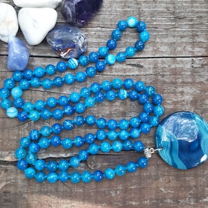 Blue Striped Agate 108 Mala Necklace for Balance and Harmony, One of A Kind Jewelry