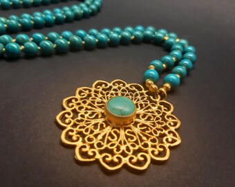 Turquoise Howlite Gold Mandala 108 Mala Necklace for Anxiety Relief